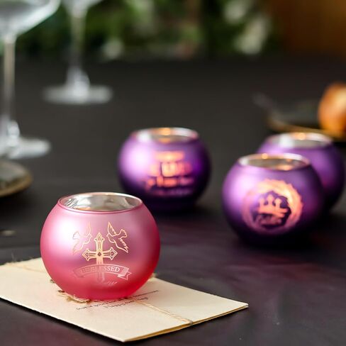 Religious Candle Holders 4PCS, Purple Pink Glass Votive Tealight Holders with He is Risen & Cross Signs, Easter Table Centerpiece Home Decor in Kuwait