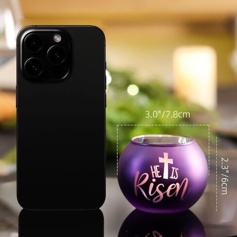 Religious Candle Holders 4PCS, Purple Pink Glass Votive Tealight Holders with He is Risen & Cross Signs, Easter Table Centerpiece Home Decor in Kuwait