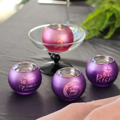 Religious Candle Holders 4PCS, Purple Pink Glass Votive Tealight Holders with He is Risen & Cross Signs, Easter Table Centerpiece Home Decor in Kuwait