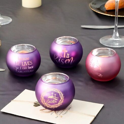 Religious Candle Holders 4PCS, Purple Pink Glass Votive Tealight Holders with He is Risen & Cross Signs, Easter Table Centerpiece Home Decor in Kuwait