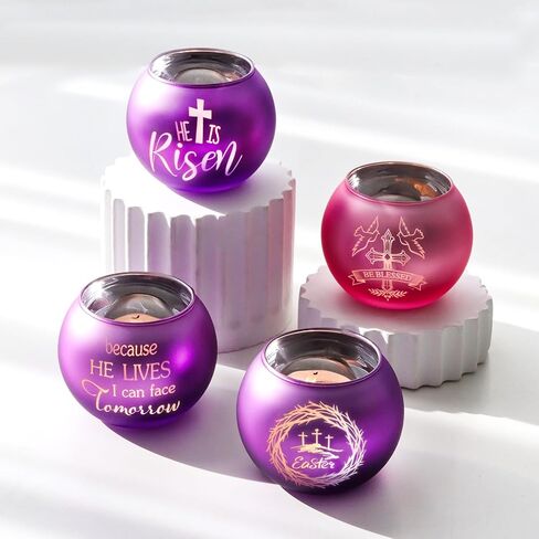 Religious Candle Holders 4PCS, Purple Pink Glass Votive Tealight Holders with He is Risen & Cross Signs, Easter Table Centerpiece Home Decor in Kuwait