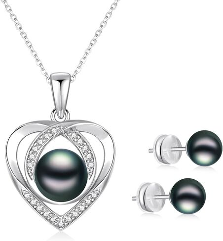 Black White Pearl Necklace and 2 Earrings Set for Women, Heart 925 Sterling Silver Adjustable Cubic Zirconia Wedding Bridal Choker, Anniversary Mothers Day Jewelry Gift for Her in Kuwait