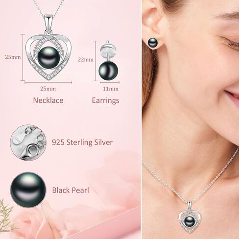 Black White Pearl Necklace and 2 Earrings Set for Women, Heart 925 Sterling Silver Adjustable Cubic Zirconia Wedding Bridal Choker, Anniversary Mothers Day Jewelry Gift for Her in Kuwait
