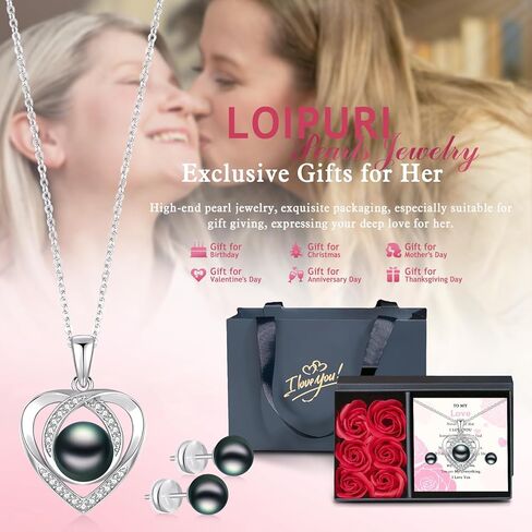 Black White Pearl Necklace and 2 Earrings Set for Women, Heart 925 Sterling Silver Adjustable Cubic Zirconia Wedding Bridal Choker, Anniversary Mothers Day Jewelry Gift for Her in Kuwait