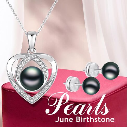 Black White Pearl Necklace and 2 Earrings Set for Women, Heart 925 Sterling Silver Adjustable Cubic Zirconia Wedding Bridal Choker, Anniversary Mothers Day Jewelry Gift for Her in Kuwait