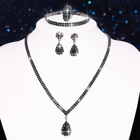 Aukmla Rhinestones Bridal Wedding Jewelry Set Crystal Necklaces Earrings Bracelet Ring Sets Prom Jewelry for Women and Brides in Kuwait