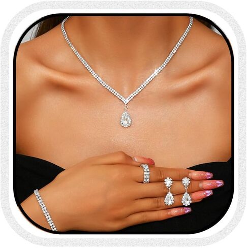 Aukmla Rhinestones Bridal Wedding Jewelry Set Crystal Necklaces Earrings Bracelet Ring Sets Prom Jewelry for Women and Brides in Kuwait