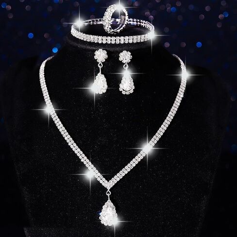 Aukmla Rhinestones Bridal Wedding Jewelry Set Crystal Necklaces Earrings Bracelet Ring Sets Prom Jewelry for Women and Brides in Kuwait