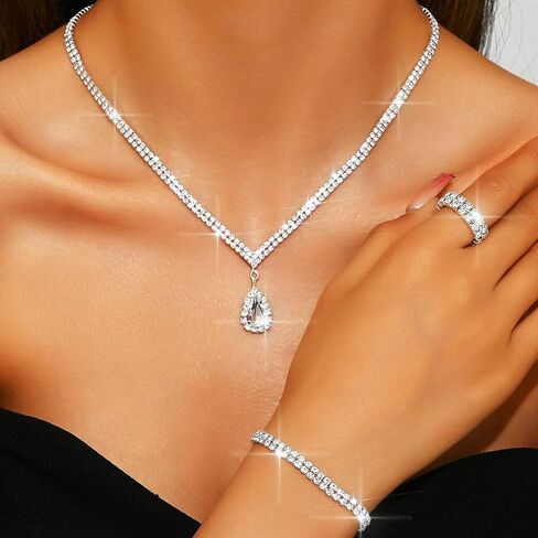 Aukmla Rhinestones Bridal Wedding Jewelry Set Crystal Necklaces Earrings Bracelet Ring Sets Prom Jewelry for Women and Brides in Kuwait