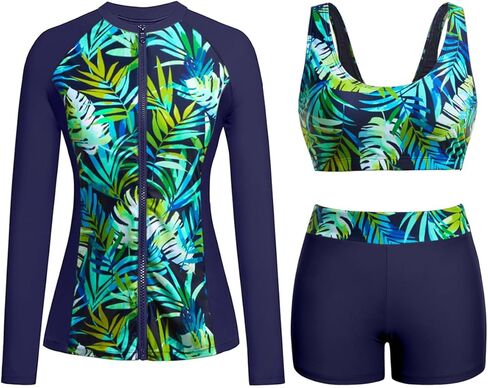 Holipick Long Sleeve Swimsuits for Women - 3 Piece Rash Guard with Shorts Zipper SPF Swim Shirt with Built in Bra in Saudi Arabia