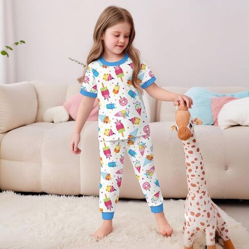 LQSZ Girls Pajamas Short Sleeve Toddler Girl Summer Pajamas 3 Piece Pjs Set Sleepwear for Girls 3-10 Years in Saudi Arabia