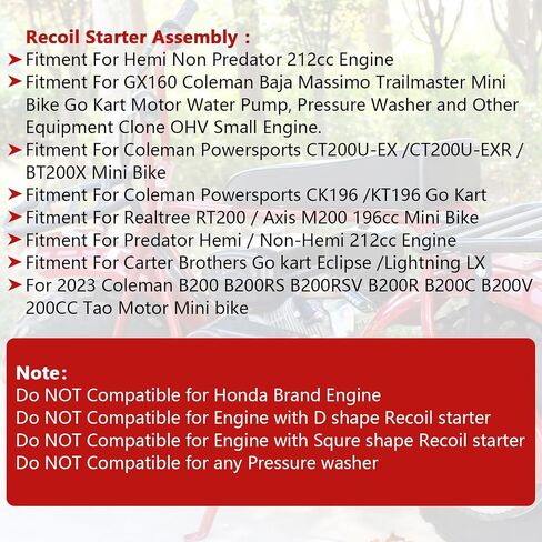 Quick Fast Pull Start Recoil Starter Assembly for Predator 212 Coleman B200R CT200U 200cc Mini Bike, KT196 Go Kart Pull Cord Start 196cc Hisun Engine Black in Kuwait