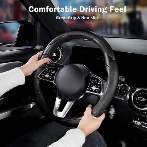 Nappa Leather Car Steering Wheel Cover for Men Women, Ultra-Thin Non-Slip Breathable Microfibre, Universal for 14.5"-15" Steering Wheel - Black in Kuwait
