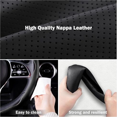 Nappa Leather Car Steering Wheel Cover for Men Women, Ultra-Thin Non-Slip Breathable Microfibre, Universal for 14.5"-15" Steering Wheel - Black in Kuwait
