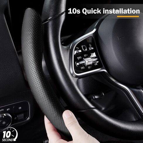 Nappa Leather Car Steering Wheel Cover for Men Women, Ultra-Thin Non-Slip Breathable Microfibre, Universal for 14.5"-15" Steering Wheel - Black in Kuwait