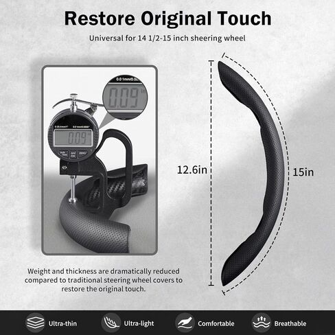 Nappa Leather Car Steering Wheel Cover for Men Women, Ultra-Thin Non-Slip Breathable Microfibre, Universal for 14.5"-15" Steering Wheel - Black in Kuwait