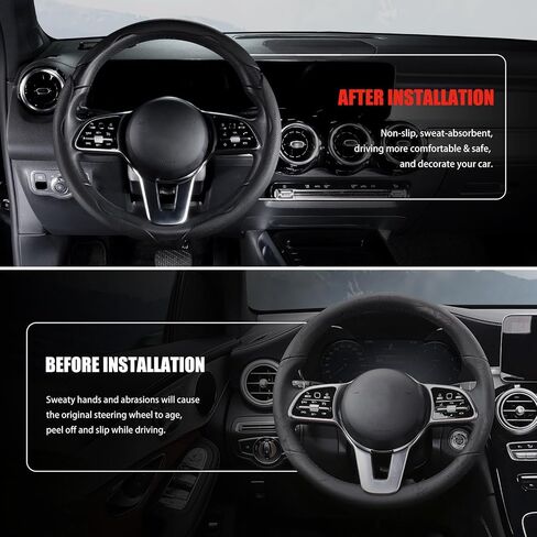 Nappa Leather Car Steering Wheel Cover for Men Women, Ultra-Thin Non-Slip Breathable Microfibre, Universal for 14.5"-15" Steering Wheel - Black in Kuwait