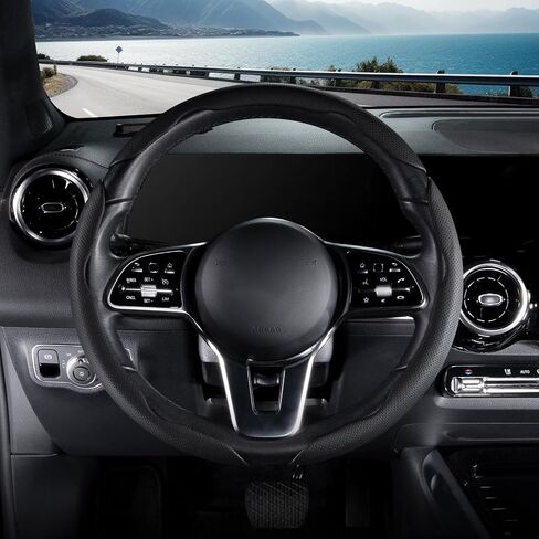 Nappa Leather Car Steering Wheel Cover for Men Women, Ultra-Thin Non-Slip Breathable Microfibre, Universal for 14.5"-15" Steering Wheel - Black in Kuwait