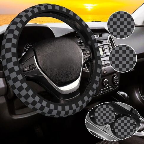 Black and Grey Checkered Steering Wheel Cover Anti-Slip and Practical 14.5-15 Inch Universal Steering Wheel Cover with 2 Pieces Car Coasters Suitable for Men Women in Saudi Arabia