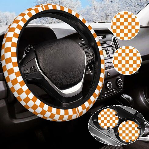 Black and Grey Checkered Steering Wheel Cover Anti-Slip and Practical 14.5-15 Inch Universal Steering Wheel Cover with 2 Pieces Car Coasters Suitable for Men Women in Saudi Arabia