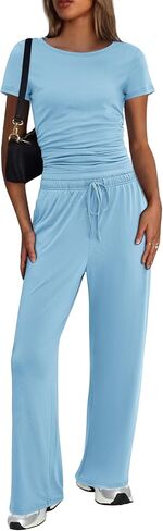 Ekouaer Women's 2 Piece Sets Outfits Short Sleeve Wide Leg Tracksuits Casual Lounge Set Matching Sets with Pockets in Kuwait