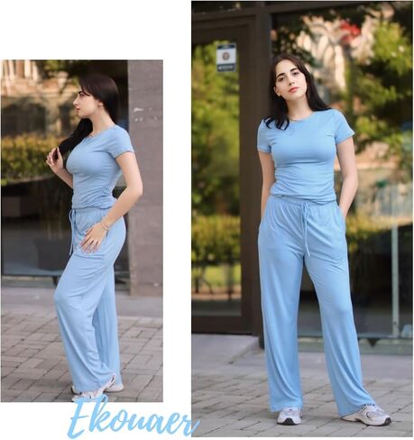 Ekouaer Women's 2 Piece Sets Outfits Short Sleeve Wide Leg Tracksuits Casual Lounge Set Matching Sets with Pockets in Kuwait