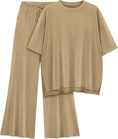 Womens Lounge Set 2 Piece Outfits Casual Loose Fit Short Sleeve Tops and Wide Leg Pants Tracksuits in Kuwait