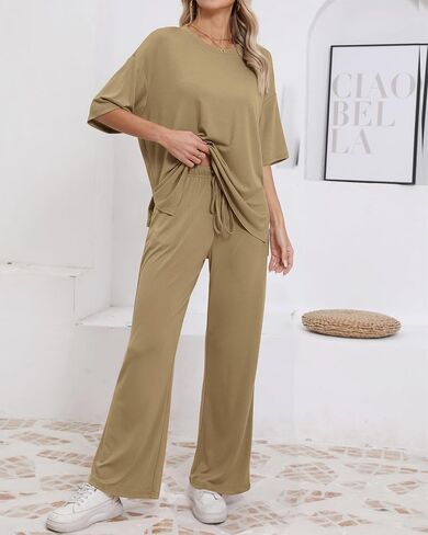 Womens Lounge Set 2 Piece Outfits Casual Loose Fit Short Sleeve Tops and Wide Leg Pants Tracksuits in Kuwait