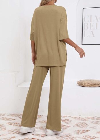 Womens Lounge Set 2 Piece Outfits Casual Loose Fit Short Sleeve Tops and Wide Leg Pants Tracksuits in Kuwait