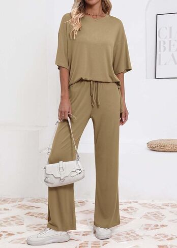Womens Lounge Set 2 Piece Outfits Casual Loose Fit Short Sleeve Tops and Wide Leg Pants Tracksuits in Kuwait