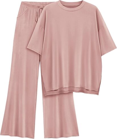 Womens Lounge Set 2 Piece Outfits Casual Loose Fit Short Sleeve Tops and Wide Leg Pants Tracksuits in Saudi Arabia