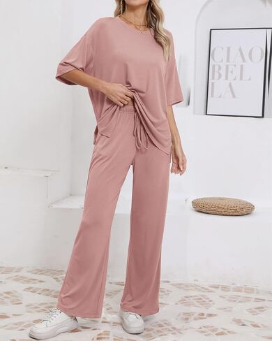 Womens Lounge Set 2 Piece Outfits Casual Loose Fit Short Sleeve Tops and Wide Leg Pants Tracksuits in Saudi Arabia
