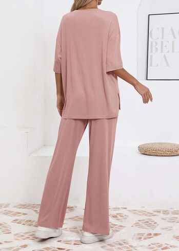 Womens Lounge Set 2 Piece Outfits Casual Loose Fit Short Sleeve Tops and Wide Leg Pants Tracksuits in Saudi Arabia