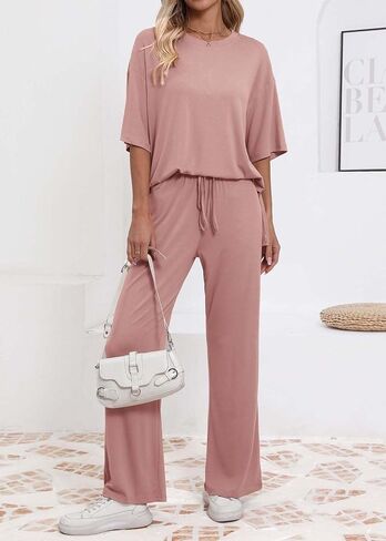 Womens Lounge Set 2 Piece Outfits Casual Loose Fit Short Sleeve Tops and Wide Leg Pants Tracksuits in Saudi Arabia