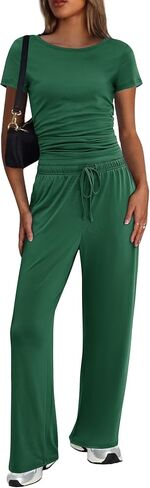 Ekouaer Women's 2 Piece Sets Outfits Short Sleeve Wide Leg Tracksuits Casual Lounge Set Matching Sets with Pockets in Kuwait