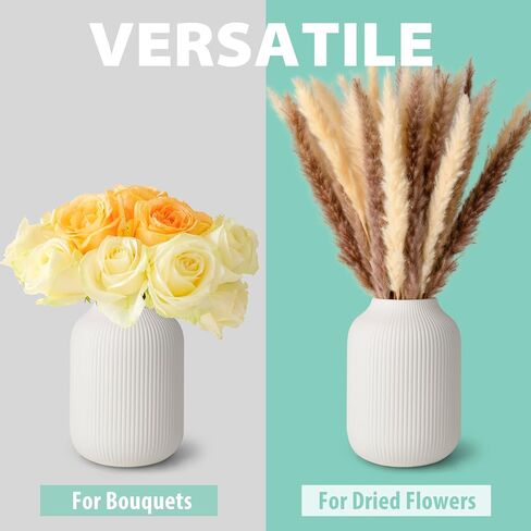 Ceramic Vase with Grooves - Waterproof Flower Vase in Matte Black for Fresh Flowers, Dried Flowers, Pampas Grass, Large 20cm High Vase as a Gift, Decoration for Living Room, Bedroom, Office. in Kuwait