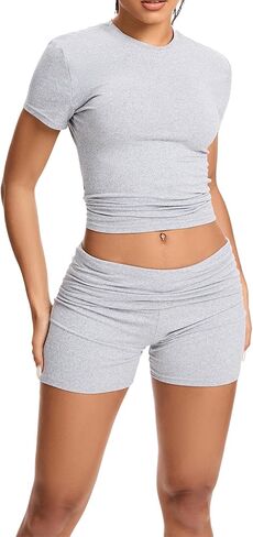 qfmqkpi Women Workout 2 Piece sets Short Sleeve Tops Slim Foldover Shorts Matching Gym Outfits Tracksuit in Kuwait