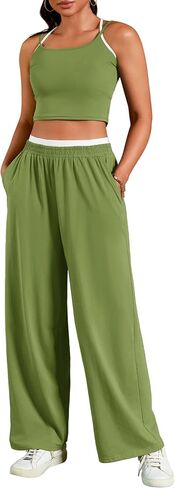 Womens Summer 2 Piece Sets Spaghetti Strap Crop Camisole Tank Tops Wide Leg Pants Yoga Sets Tracksuit Lounge Sets in Saudi Arabia