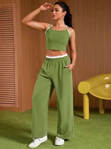 Womens Summer 2 Piece Sets Spaghetti Strap Crop Camisole Tank Tops Wide Leg Pants Yoga Sets Tracksuit Lounge Sets in Saudi Arabia