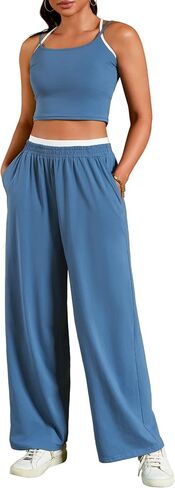 Womens Summer 2 Piece Sets Spaghetti Strap Crop Camisole Tank Tops Wide Leg Pants Yoga Sets Tracksuit Lounge Sets in Saudi Arabia