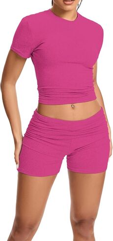 qfmqkpi Women Workout 2 Piece sets Short Sleeve Tops Slim Foldover Shorts Matching Gym Outfits Tracksuit in Kuwait