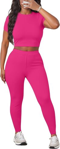 LovelyWholesale Women Summer 2 Piece Outfits Short Sleeve Crop Top and Leggings Workout Sets in Saudi Arabia