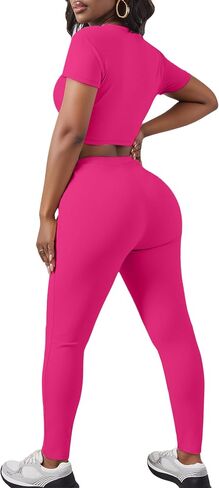 LovelyWholesale Women Summer 2 Piece Outfits Short Sleeve Crop Top and Leggings Workout Sets in Saudi Arabia