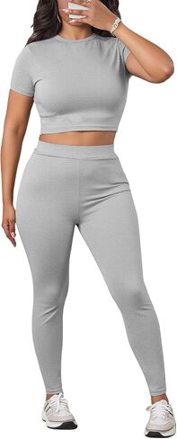 LovelyWholesale Women Summer 2 Piece Outfits Short Sleeve Crop Top and Leggings Workout Sets in Saudi Arabia
