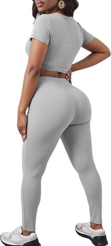 LovelyWholesale Women Summer 2 Piece Outfits Short Sleeve Crop Top and Leggings Workout Sets in Saudi Arabia