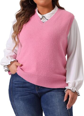Agnes Orinda Plus Size Sweater Vest for Women V Neck Knit Vests Solid Classic Sleeveless Pullover Sweaters Tops in Saudi Arabia