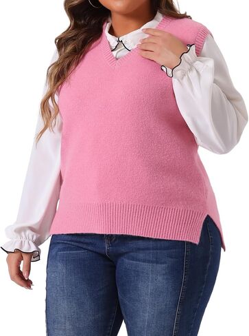 Agnes Orinda Plus Size Sweater Vest for Women V Neck Knit Vests Solid Classic Sleeveless Pullover Sweaters Tops in Saudi Arabia