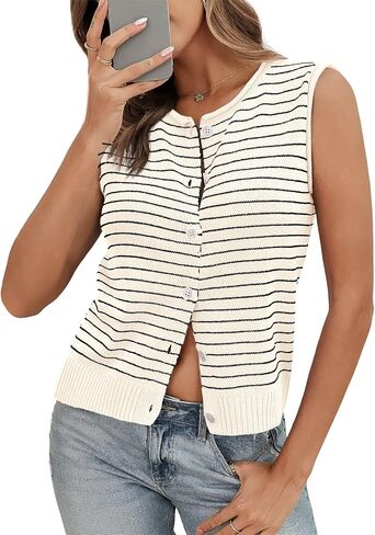 Saodimallsu Womens Cropped Sleeveless Sweater Vest Striped Knit Summer Tops Button Down Going Out Y2k Tank Top in Saudi Arabia