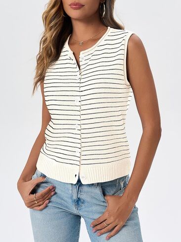 Saodimallsu Womens Cropped Sleeveless Sweater Vest Striped Knit Summer Tops Button Down Going Out Y2k Tank Top in Saudi Arabia