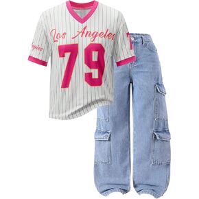 Girl's Number Letter Graphic Jersey Shirts Y2K Striped Short Sleeve V Neck Loose Top